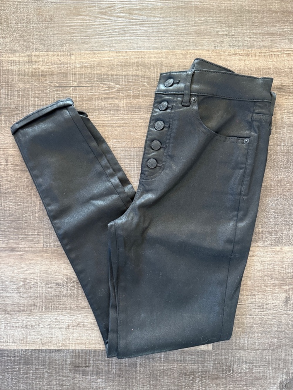 Black Women's High-Rise Button-Front Coated Black Jeans